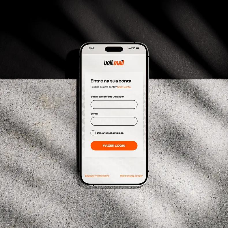 The Boltmail sign-in screen on a phone, with the orange Fazer login button