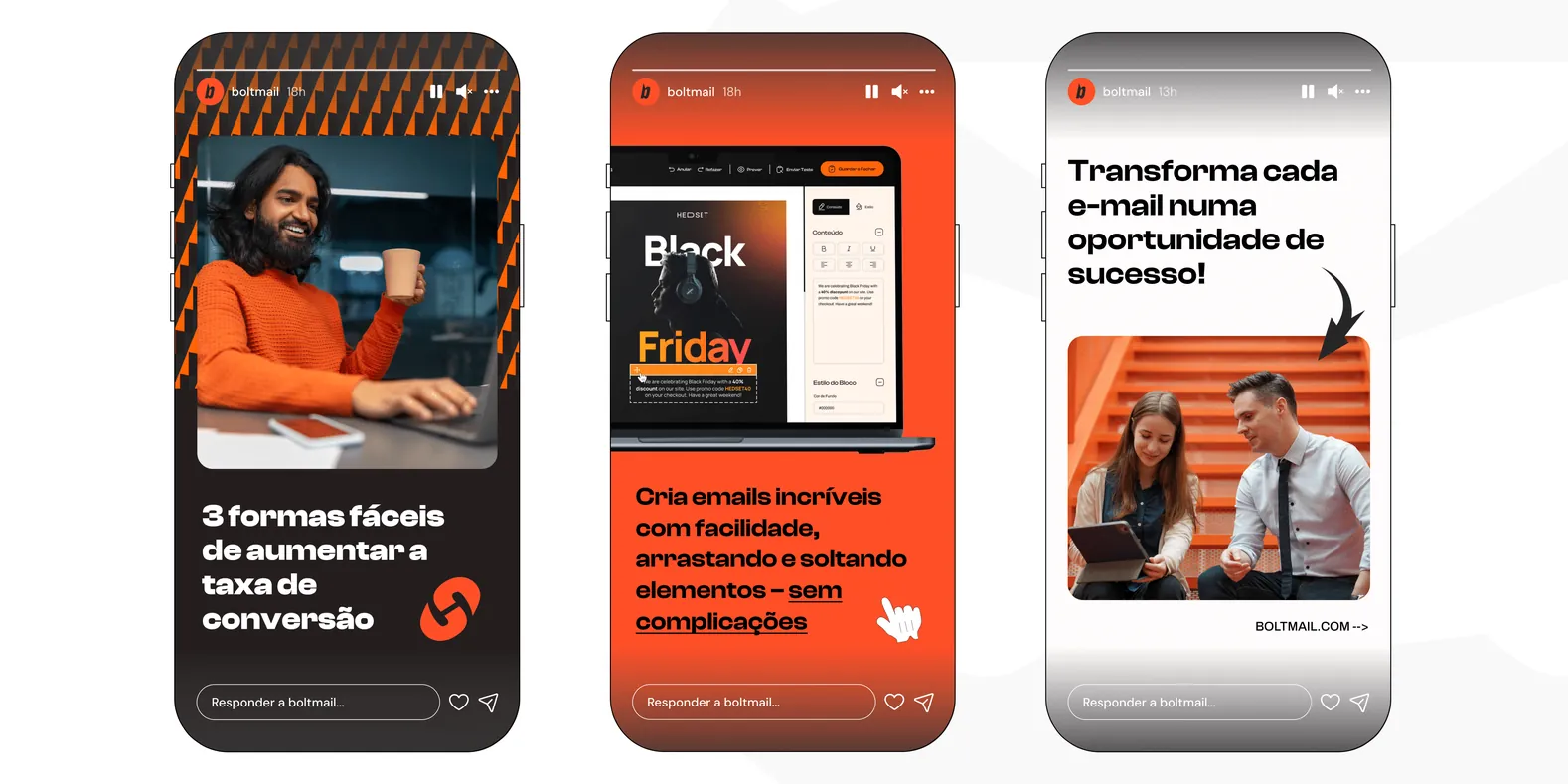 Three Boltmail Instagram stories in black, orange and white