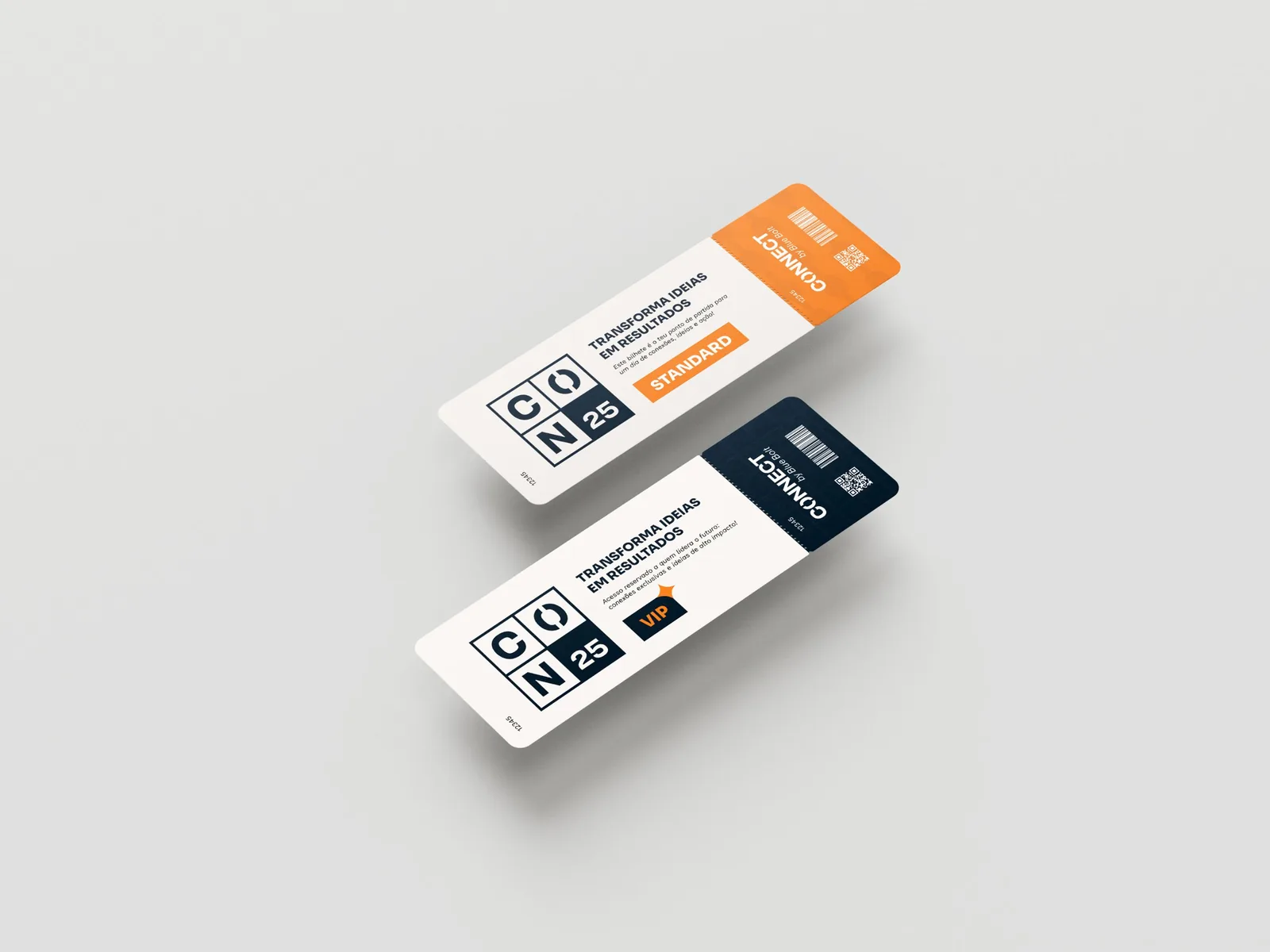 Two Connect 25 tickets, Standard in orange and VIP in navy