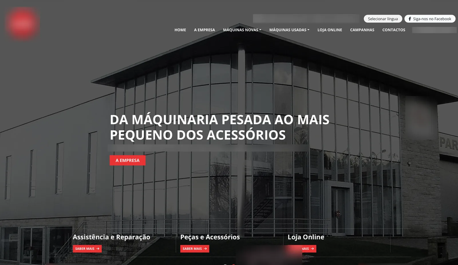 The current homepage of a woodworking machines company, name and logo blurred