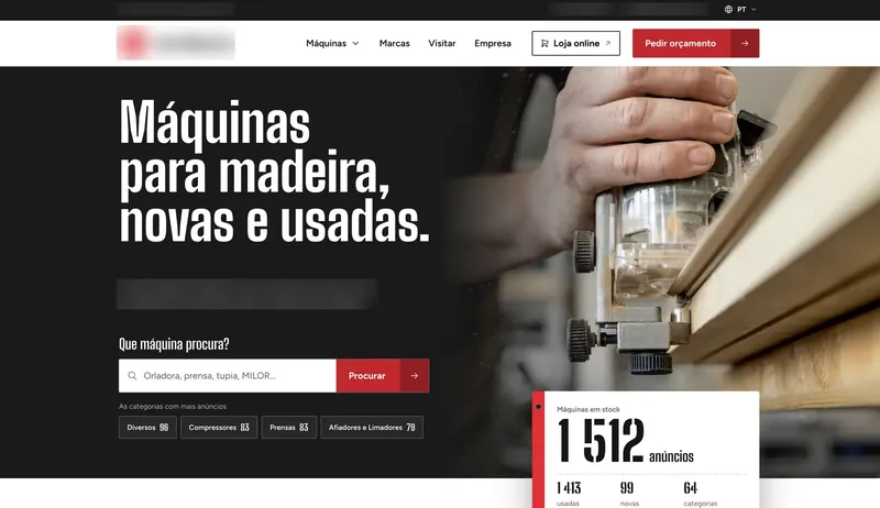 Homepage preview for a woodworking machine dealer, name and logo blurred
