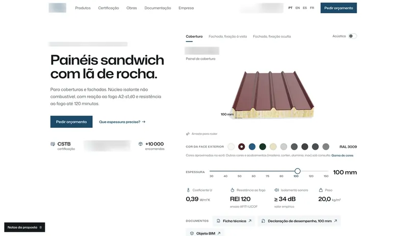 Homepage preview for a sandwich panel maker, name and logo blurred