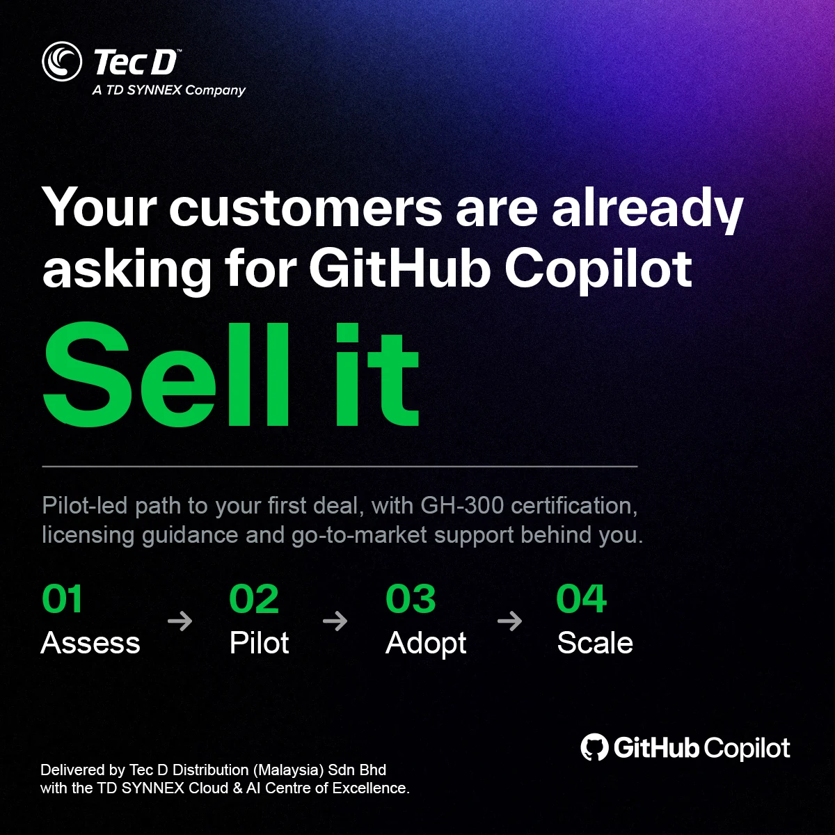 Tec D ad for GitHub Copilot: Your customers are already asking for GitHub Copilot. Sell it