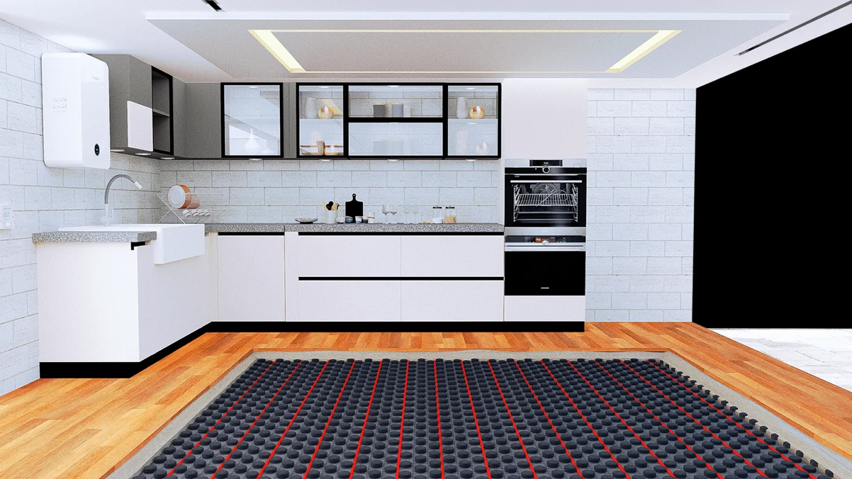 3D model of a kitchen with underfloor heating under the wooden floor