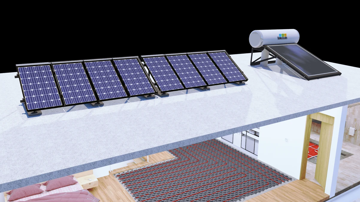 3D model cutaway: solar panels and a solar water heater on the roof, underfloor heating in the bedroom below