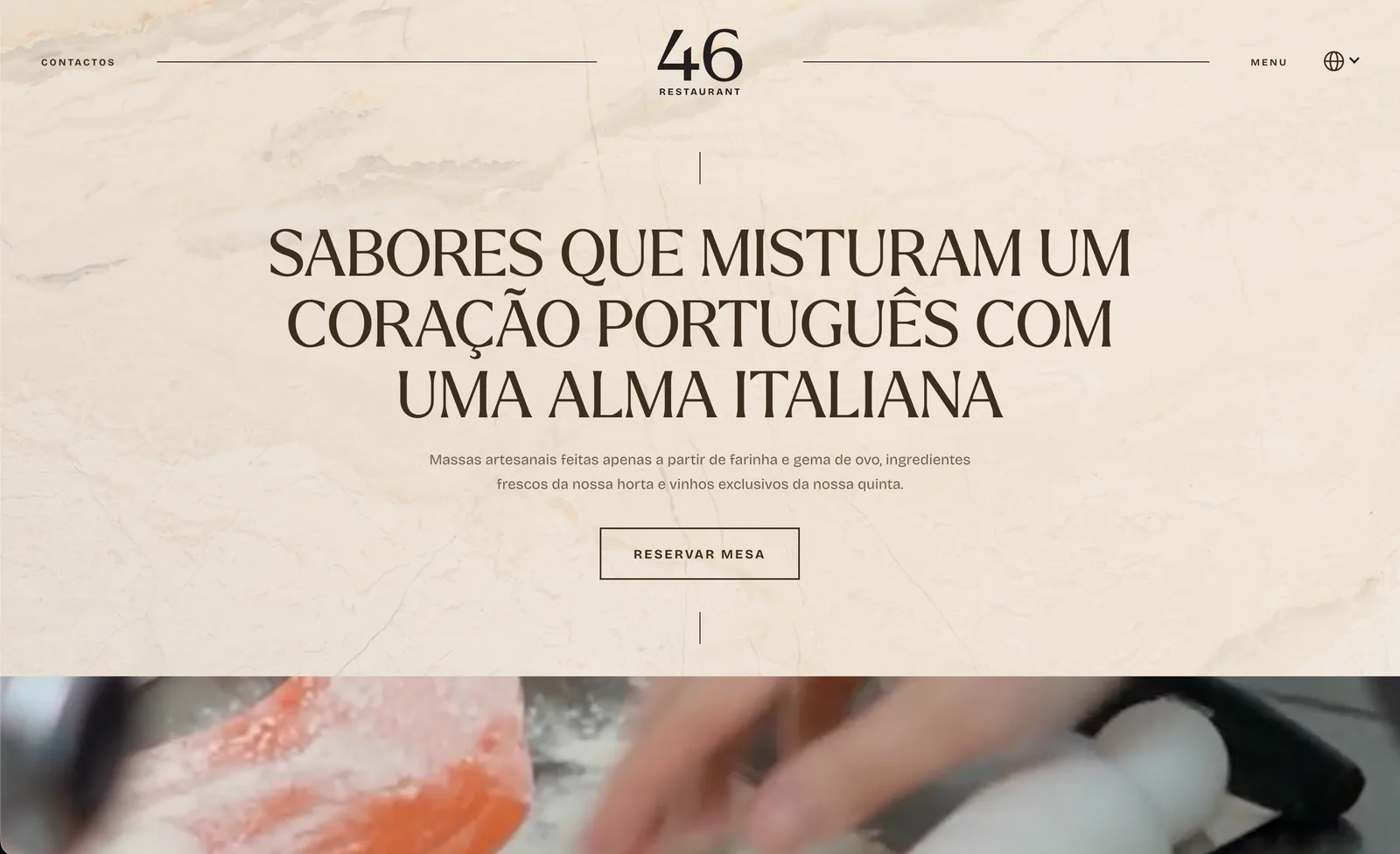 The 46 Restaurant homepage: a headline about a Portuguese heart and an Italian soul, above one button to book a table